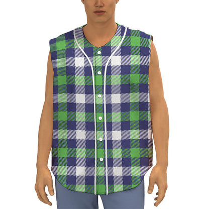 Green Blue And White Buffalo Plaid Print Sleeveless Baseball Jersey