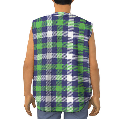 Green Blue And White Buffalo Plaid Print Sleeveless Baseball Jersey