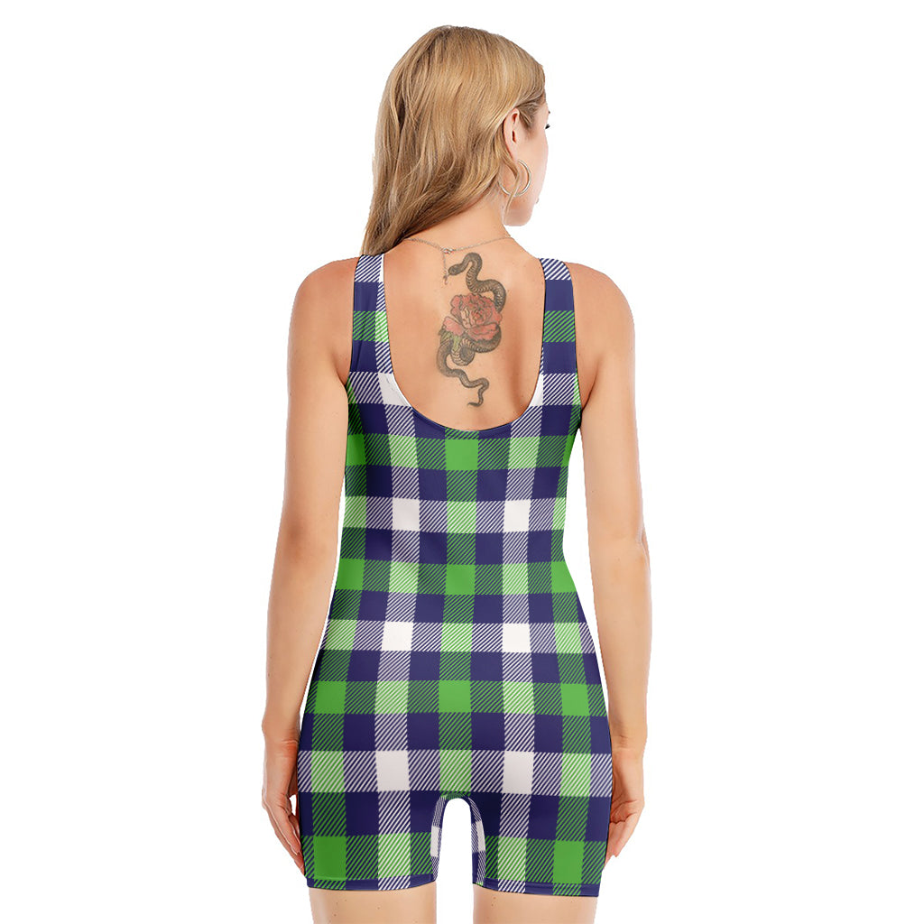 Green Blue And White Buffalo Plaid Print Sleeveless One Piece Swimsuit