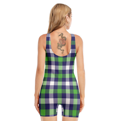 Green Blue And White Buffalo Plaid Print Sleeveless One Piece Swimsuit