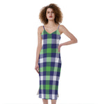 Green Blue And White Buffalo Plaid Print Slim Fit Midi Cami Dress