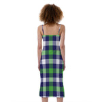 Green Blue And White Buffalo Plaid Print Slim Fit Midi Cami Dress