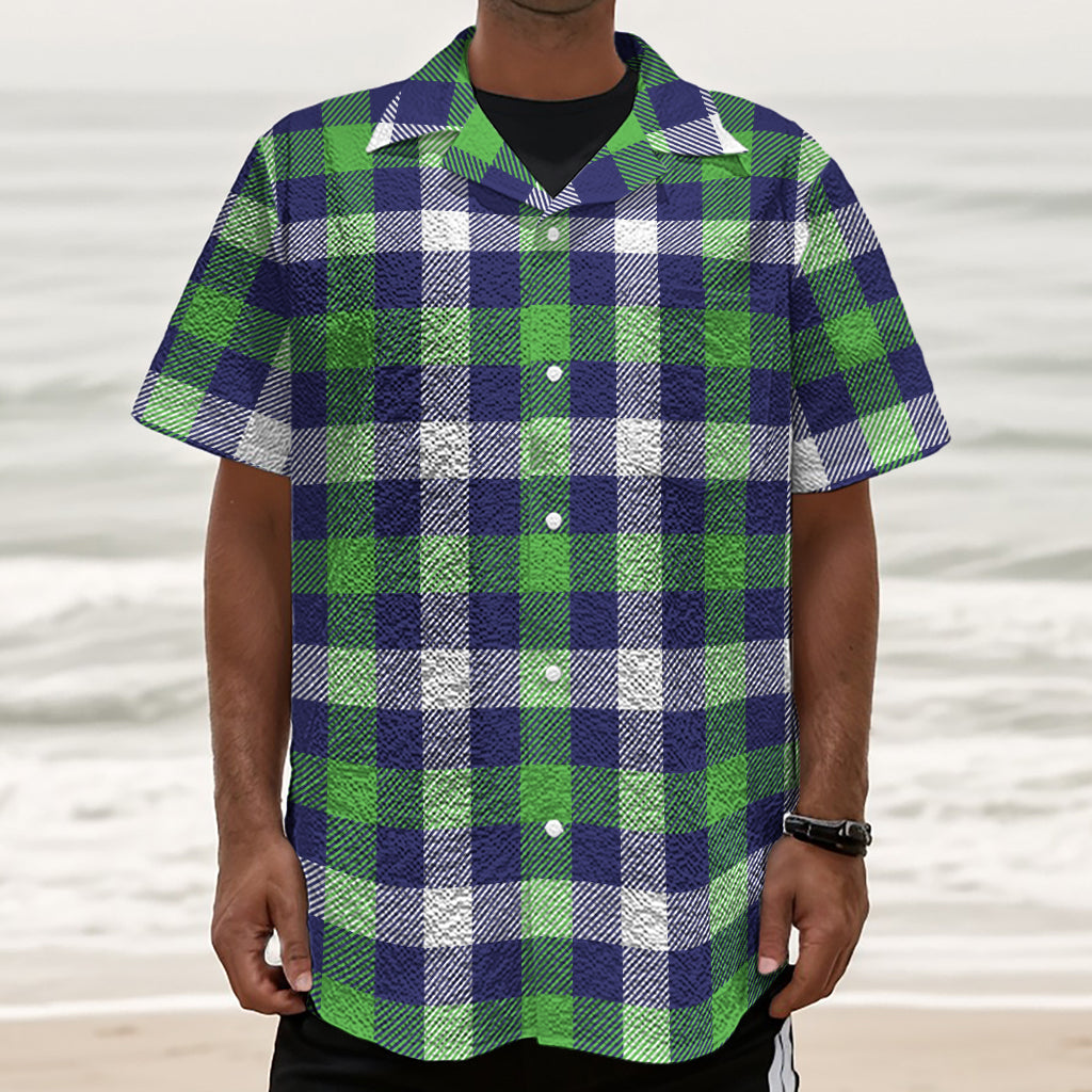 Green Blue And White Buffalo Plaid Print Textured Short Sleeve Shirt