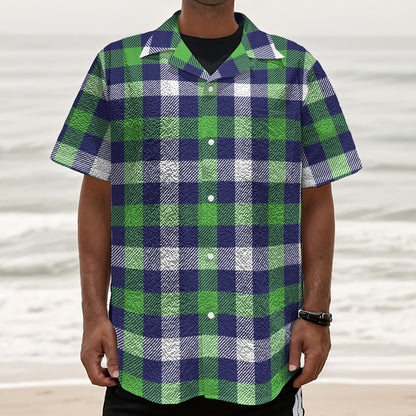Green Blue And White Buffalo Plaid Print Textured Short Sleeve Shirt