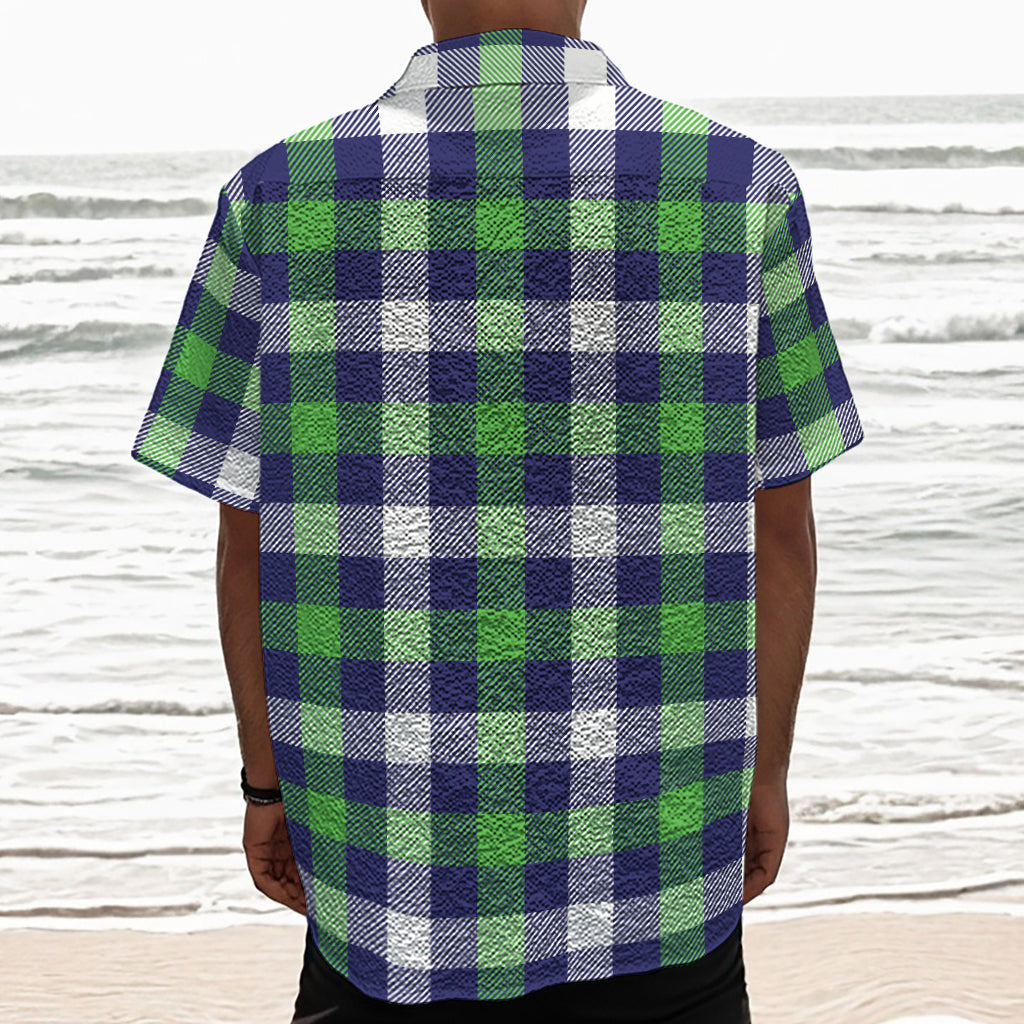 Green Blue And White Buffalo Plaid Print Textured Short Sleeve Shirt
