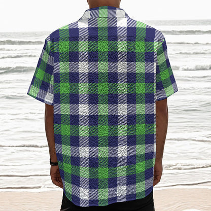 Green Blue And White Buffalo Plaid Print Textured Short Sleeve Shirt