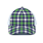 Green Blue And White Buffalo Plaid Print White Mesh Trucker Cap