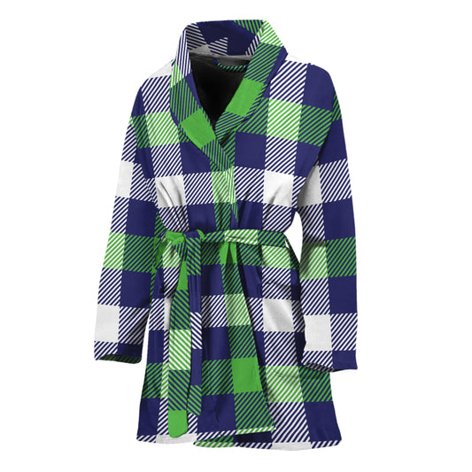 Green Blue And White Buffalo Plaid Print Women's Bathrobe