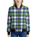 Green Blue And White Buffalo Plaid Print Women's Bomber Jacket