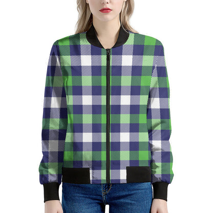Green Blue And White Buffalo Plaid Print Women's Bomber Jacket