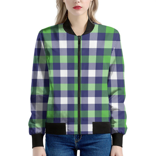 Green Blue And White Buffalo Plaid Print Women's Bomber Jacket