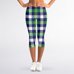 Green Blue And White Buffalo Plaid Print Women's Capri Leggings