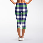 Green Blue And White Buffalo Plaid Print Women's Capri Leggings