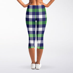 Green Blue And White Buffalo Plaid Print Women's Capri Leggings