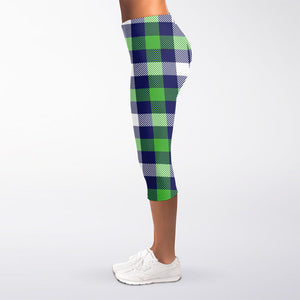 Green Blue And White Buffalo Plaid Print Women's Capri Leggings