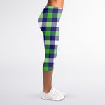 Green Blue And White Buffalo Plaid Print Women's Capri Leggings