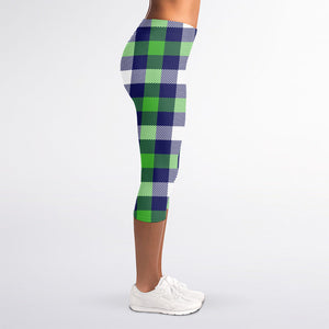 Green Blue And White Buffalo Plaid Print Women's Capri Leggings