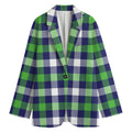 Green Blue And White Buffalo Plaid Print Women's Cotton Blazer