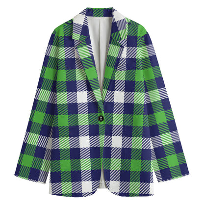 Green Blue And White Buffalo Plaid Print Women's Cotton Blazer