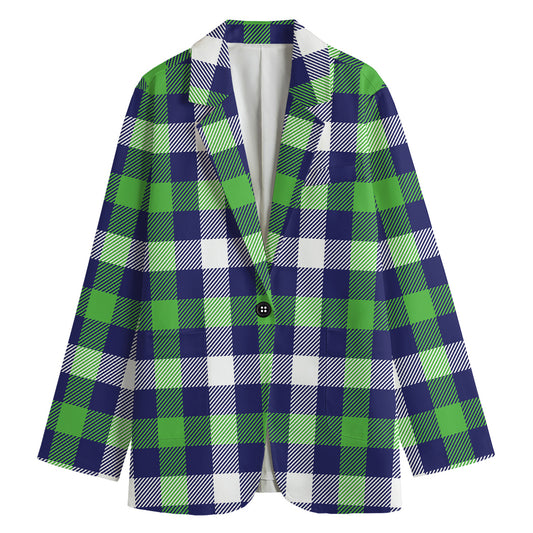 Green Blue And White Buffalo Plaid Print Women's Cotton Blazer