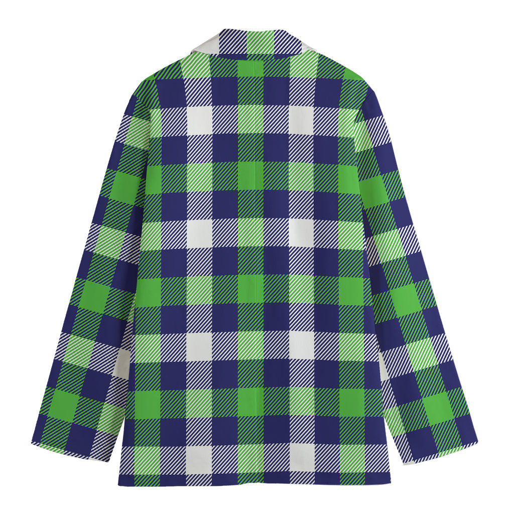 Green Blue And White Buffalo Plaid Print Women's Cotton Blazer