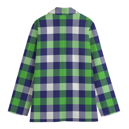 Green Blue And White Buffalo Plaid Print Women's Cotton Blazer