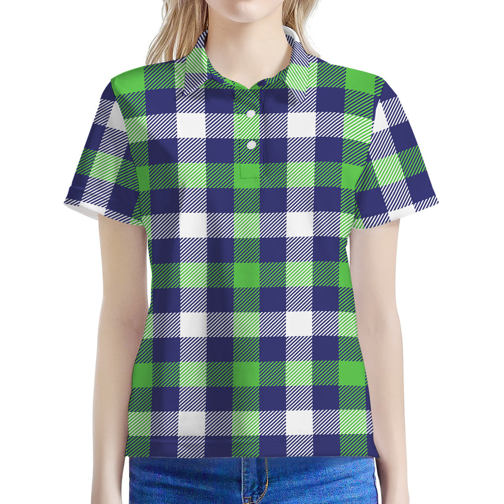 Green Blue And White Buffalo Plaid Print Women's Polo Shirt