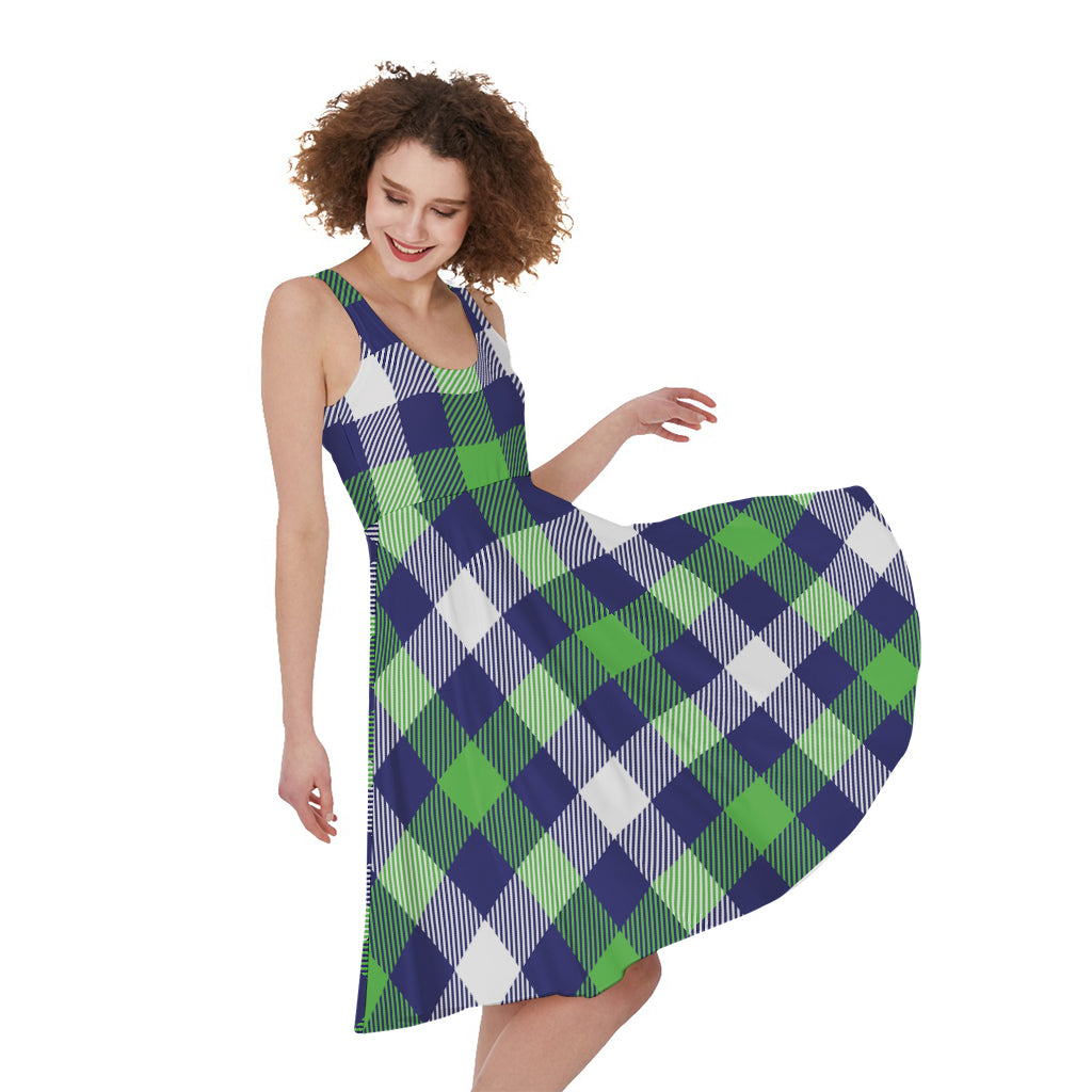 Green Blue And White Buffalo Plaid Print Women's Sleeveless Dress