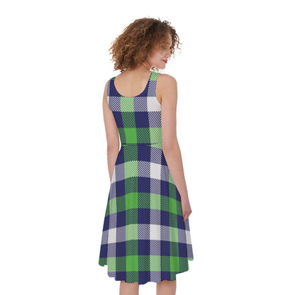 Green Blue And White Buffalo Plaid Print Women's Sleeveless Dress