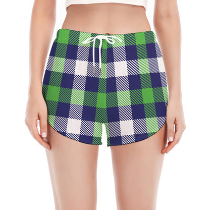 Green Blue And White Buffalo Plaid Print Women's Split Running Shorts