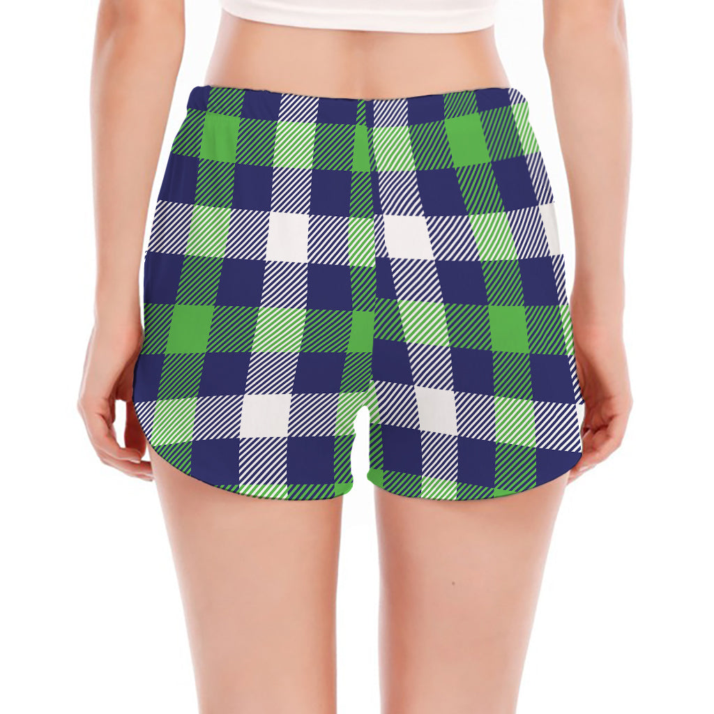 Green Blue And White Buffalo Plaid Print Women's Split Running Shorts