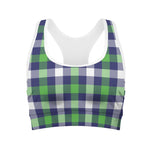 Green Blue And White Buffalo Plaid Print Women's Sports Bra