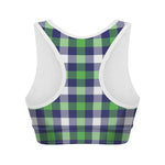 Green Blue And White Buffalo Plaid Print Women's Sports Bra