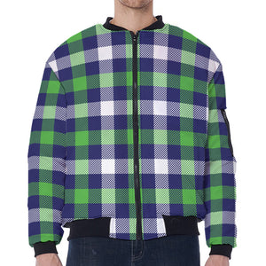 Green Blue And White Buffalo Plaid Print Zip Sleeve Bomber Jacket