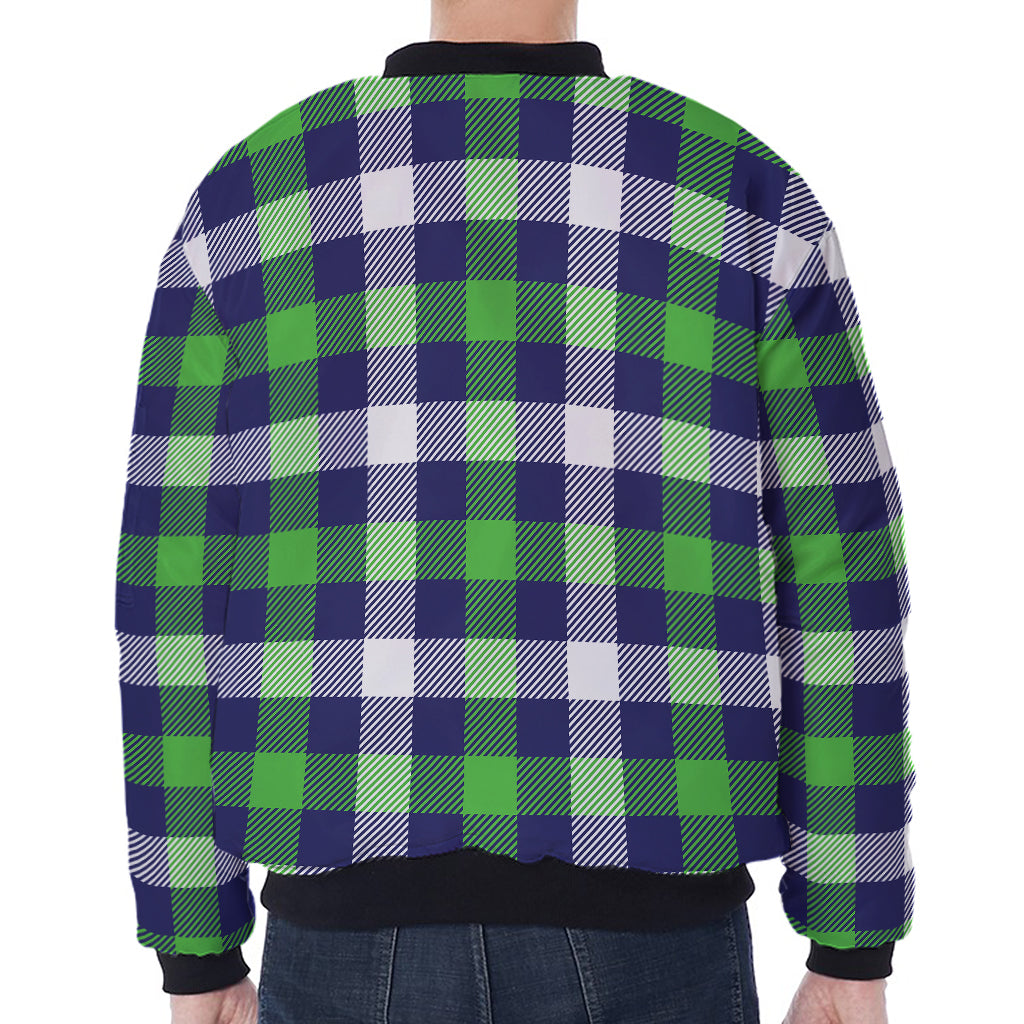 Green Blue And White Buffalo Plaid Print Zip Sleeve Bomber Jacket