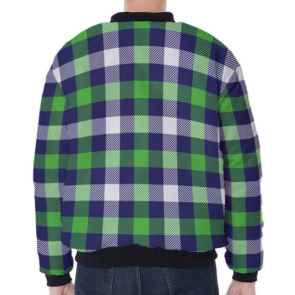 Green Blue And White Buffalo Plaid Print Zip Sleeve Bomber Jacket