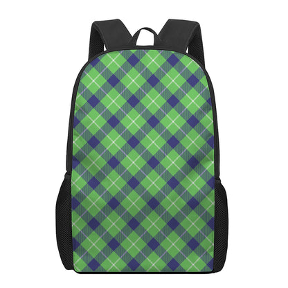 Green Blue And White Plaid Pattern Print 17 Inch Backpack