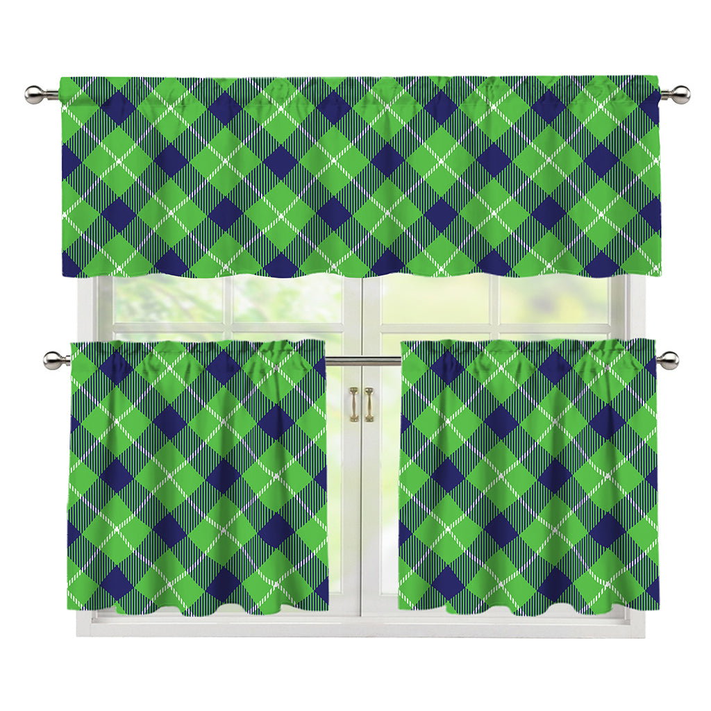 Green Blue And White Plaid Pattern Print 3 Piece Kitchen Curtains