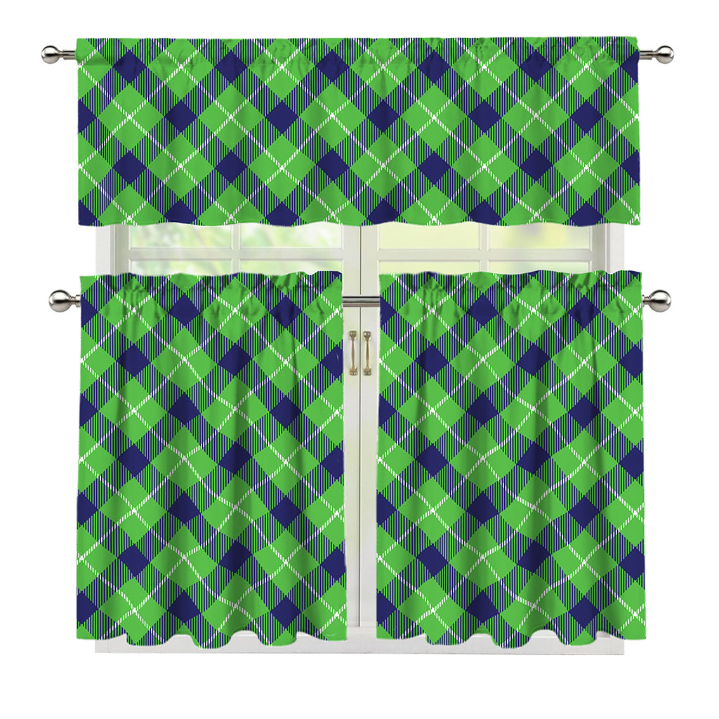Green Blue And White Plaid Pattern Print 3 Piece Kitchen Curtains