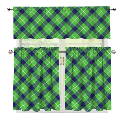 Green Blue And White Plaid Pattern Print 3 Piece Kitchen Curtains