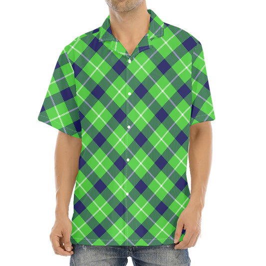 Green Blue And White Plaid Pattern Print Aloha Shirt