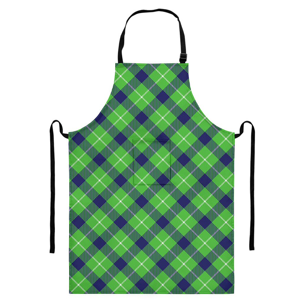 Green Blue And White Plaid Pattern Print Bib Apron With Pocket
