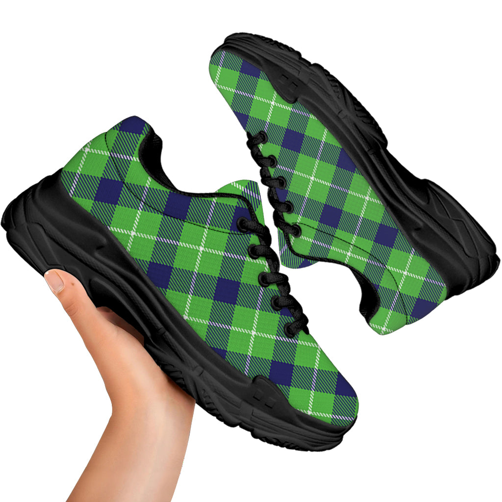 Green Blue And White Plaid Pattern Print Black Chunky Shoes