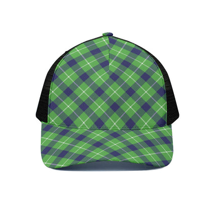 Green Blue And White Plaid Pattern Print Black Mesh Trucker Cap