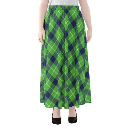 Green Blue And White Plaid Pattern Print Chiffon Maxi Skirt