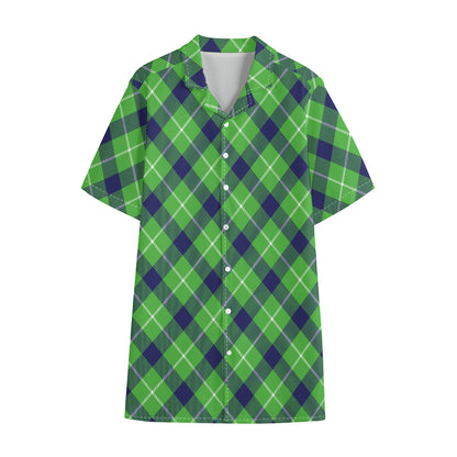 Green Blue And White Plaid Pattern Print Cotton Hawaiian Shirt