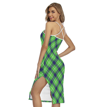 Green Blue And White Plaid Pattern Print Cross Back Cami Dress