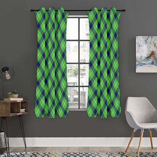 Green Blue And White Plaid Pattern Print Curtain