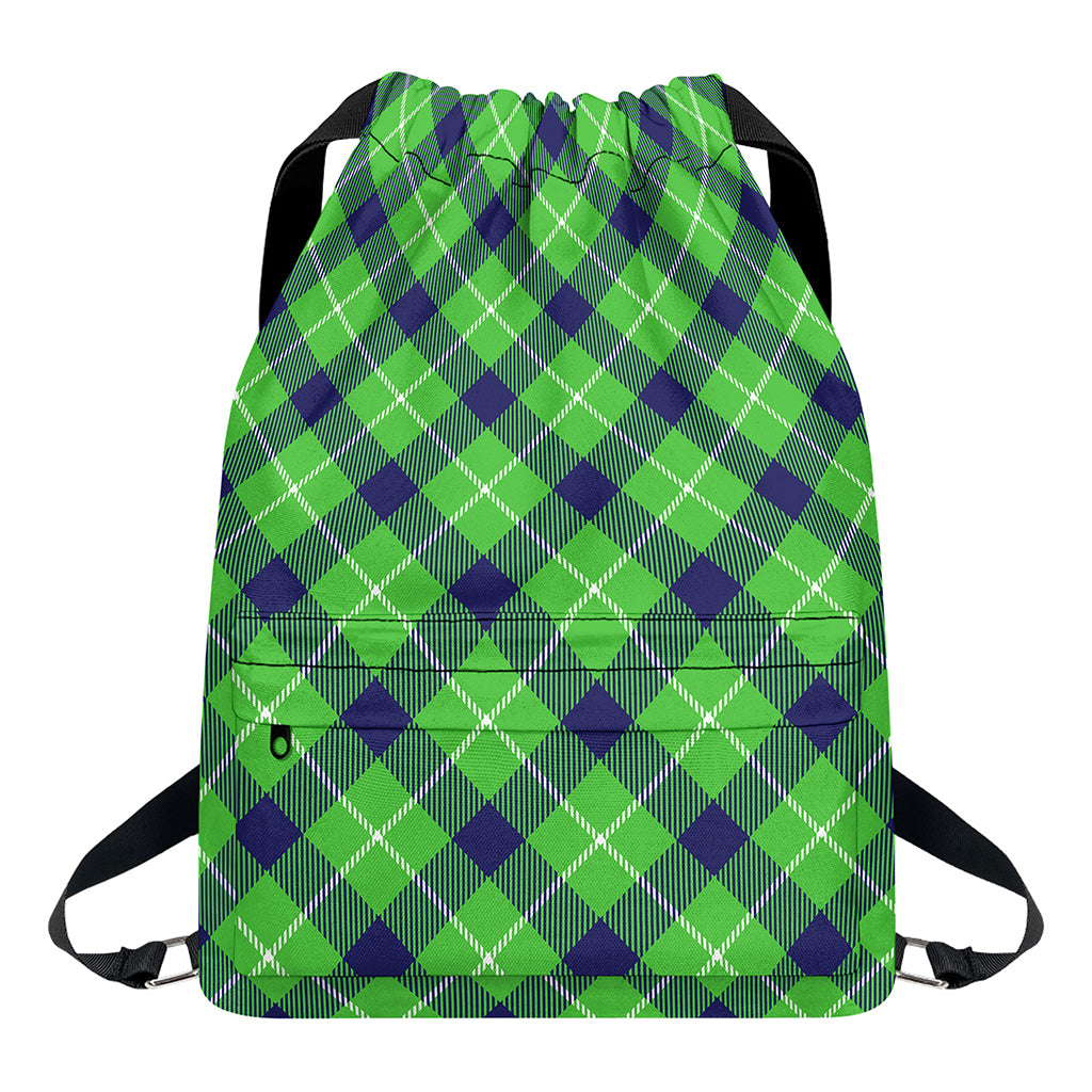 Green Blue And White Plaid Pattern Print Drawstring Backpack