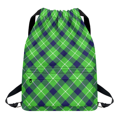Green Blue And White Plaid Pattern Print Drawstring Backpack